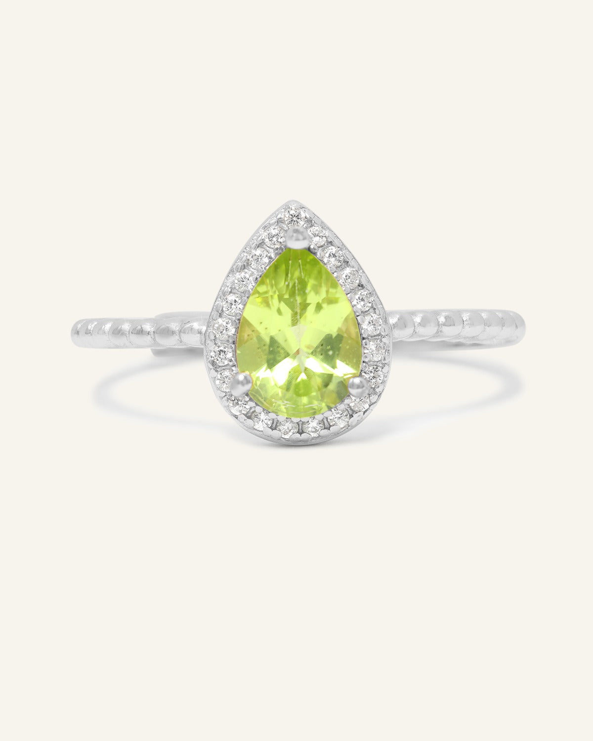 Peridot Teardrop Halo Ring in Silver front product view