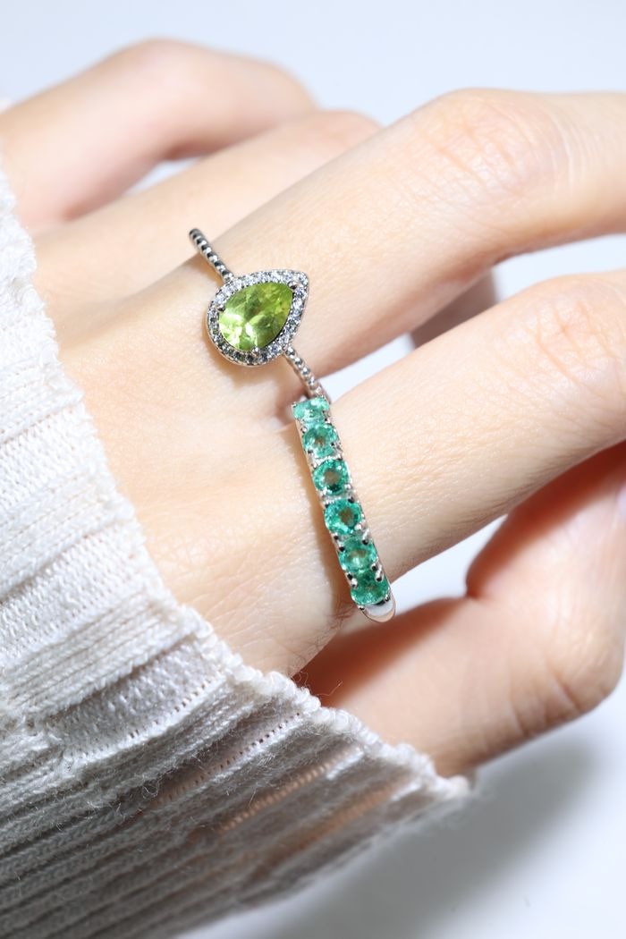 Peridot Teardrop Halo Ring in Silver worn close-up