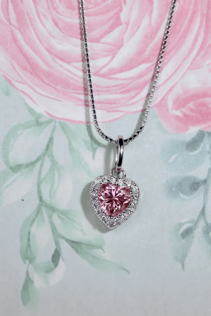 Pink Moissanite Heart Halo Necklace by Elate - Love Estella