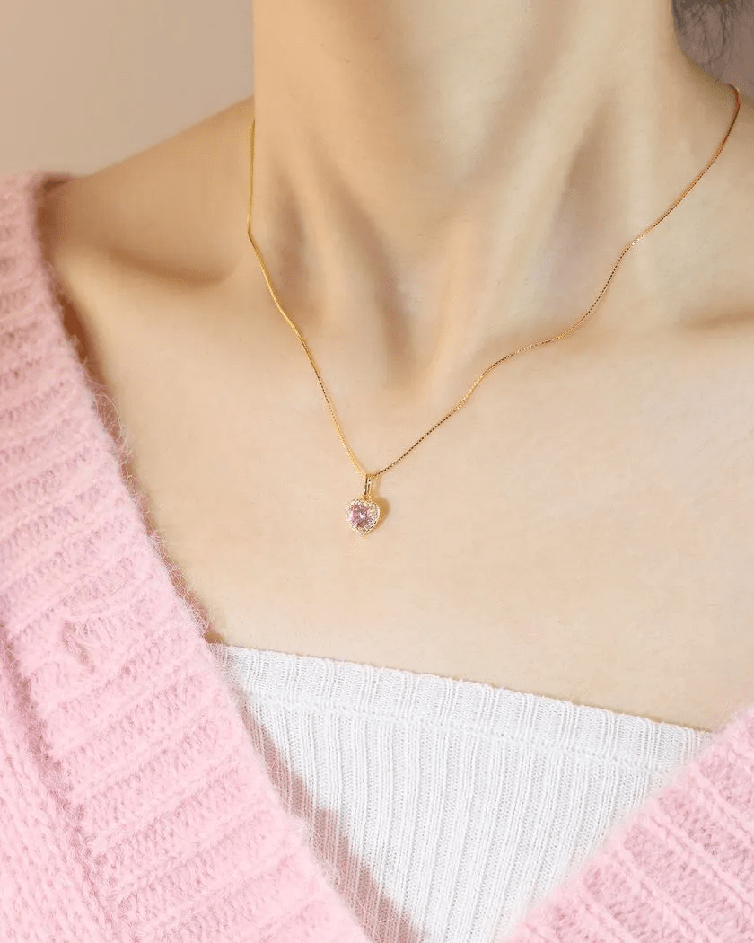 Pink Moissanite Heart Halo Necklace by Elate - Love Estella