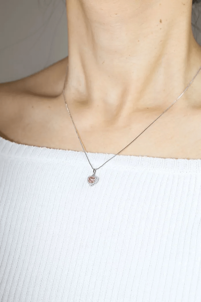 Pink Moissanite Heart Halo Necklace by Elate - Love Estella