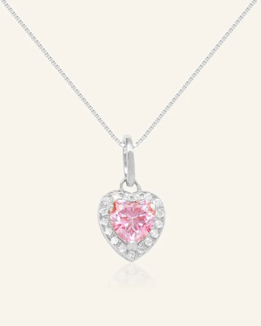 heart-shaped pink moissanite halo necklace in rhodium vermeil, featuring a vibrant pink moissanite centerpiece surrounded by a halo of sparkling cubic zirconias.
