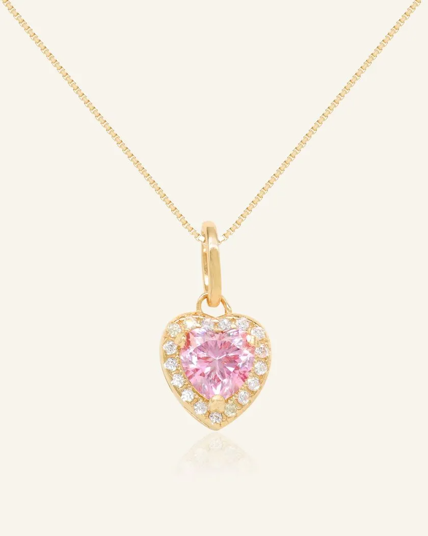 heart-shaped pink moissanite halo necklace in yellow gold vermeil, featuring a vibrant pink moissanite centerpiece surrounded by a halo of sparkling cubic zirconias.