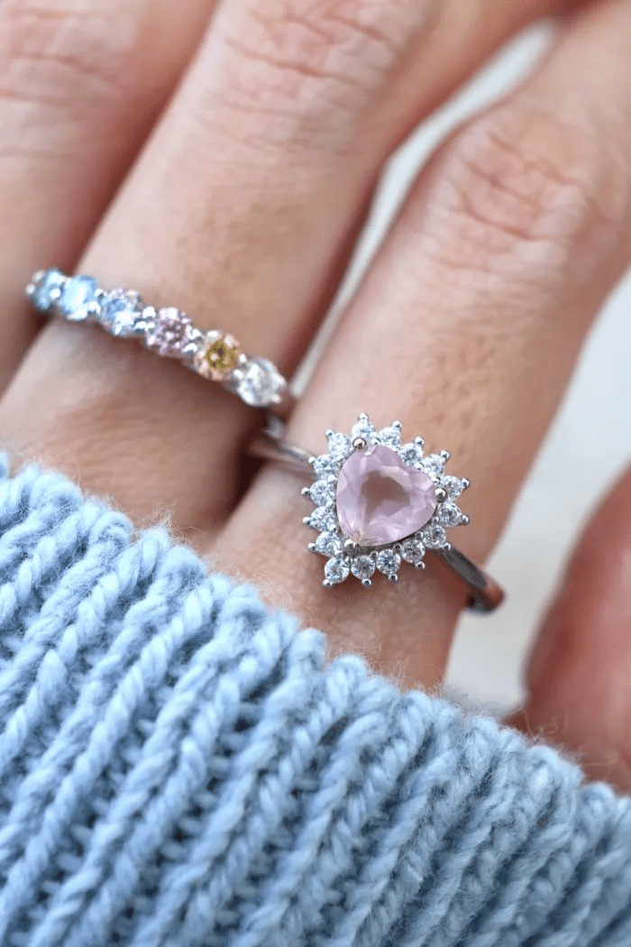 Rose Quartz Heart Halo Ring - Love Estella