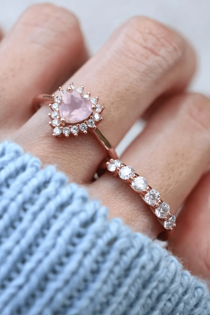 Rose Quartz Heart Halo Ring - Love Estella