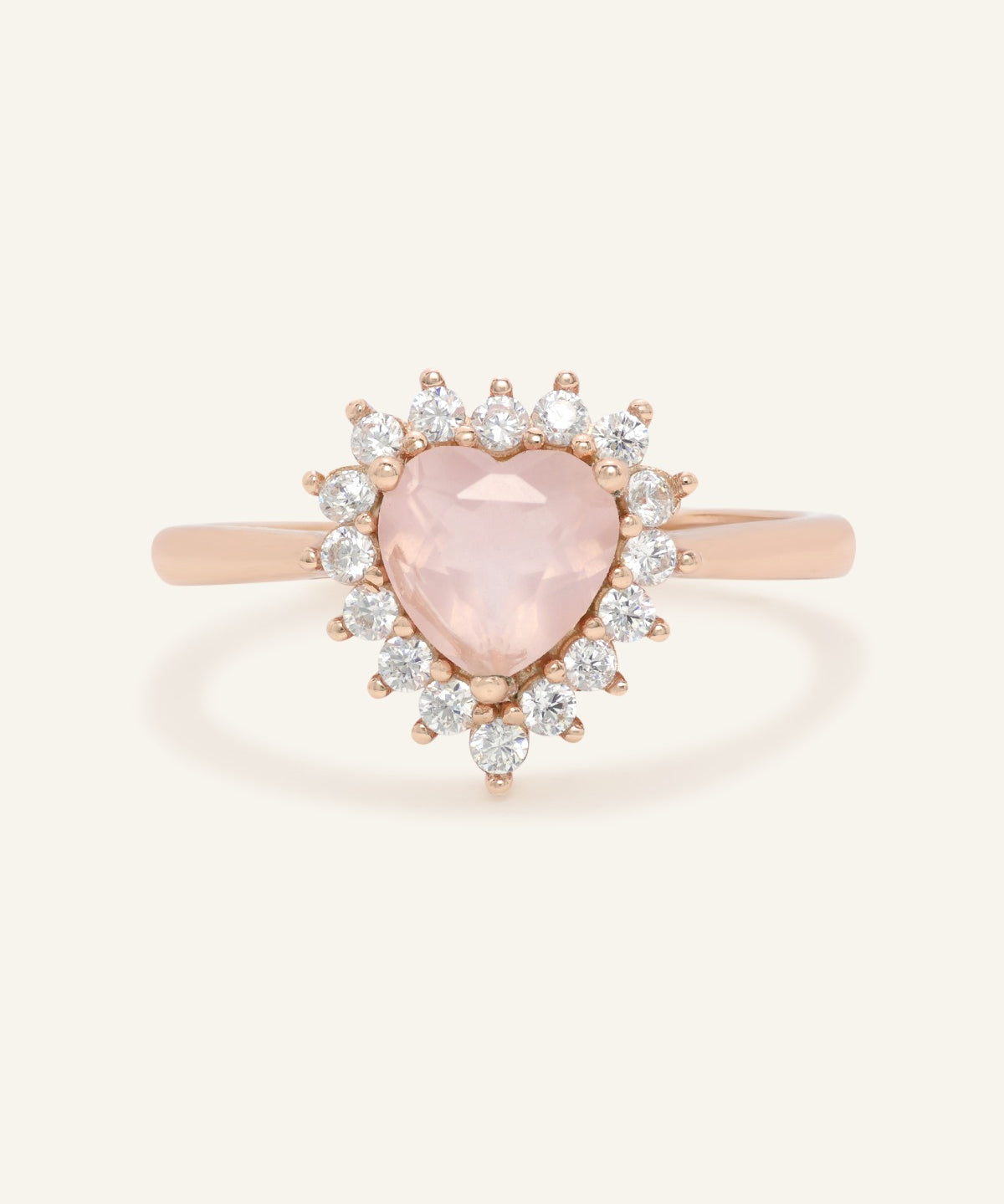 Rose Quartz Heart Halo Ring in Rose Gold front product view