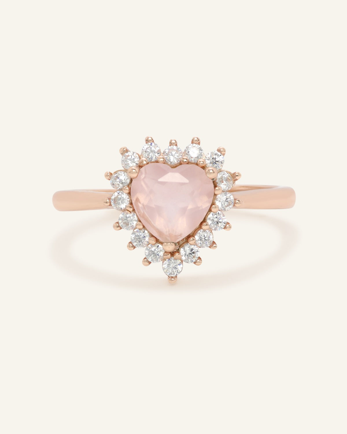 Rose Quartz Heart Halo Ring in Rose Gold front product view