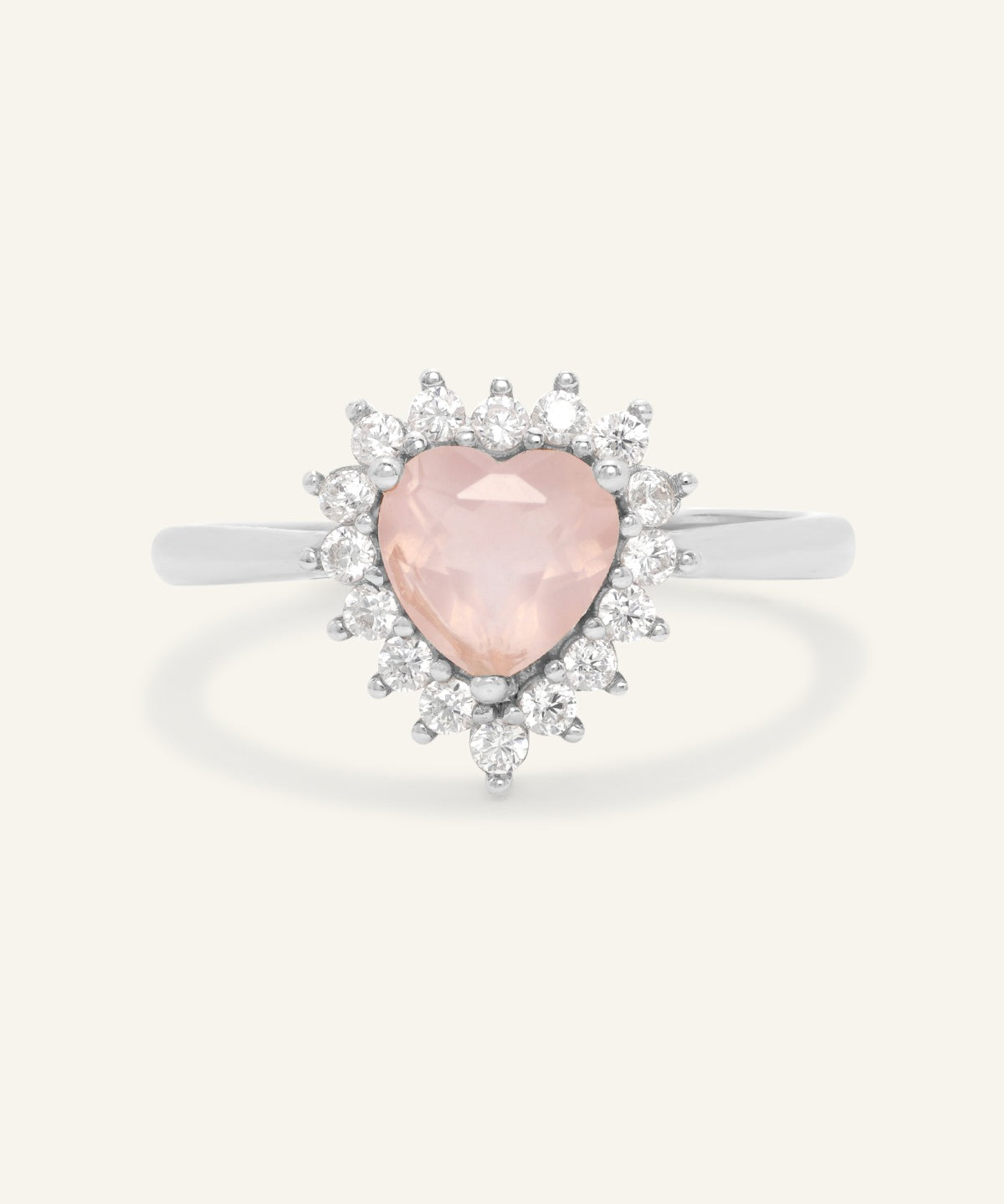 Rose Quartz Heart Halo Ring in Silver front product view