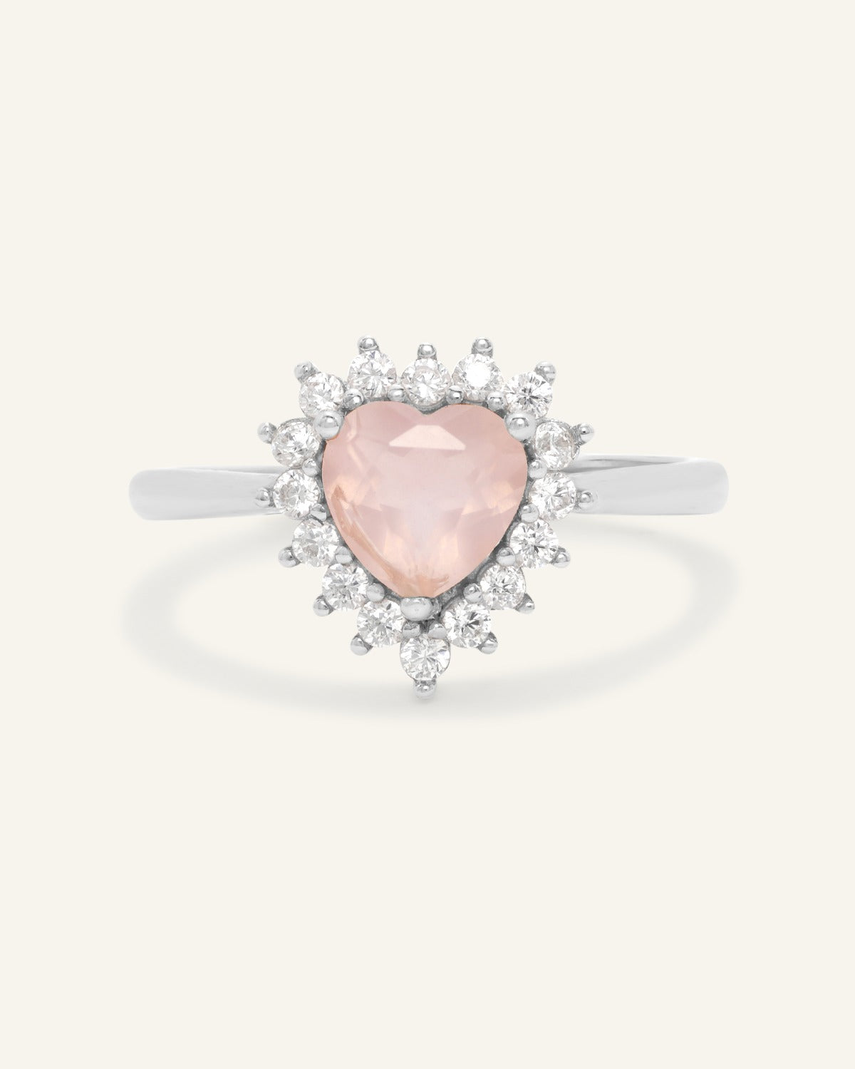 Rose Quartz Heart Halo Ring in Silver front product view