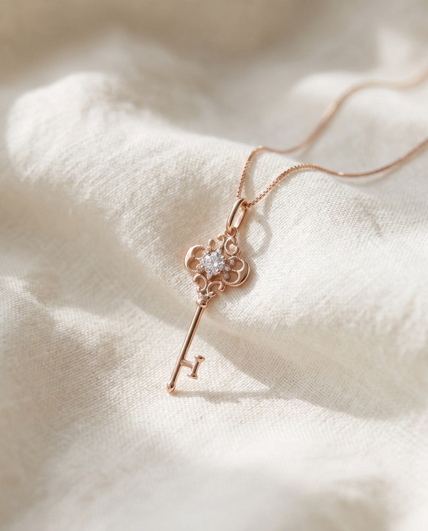 Memoir Grey Moissanite Key Necklace in rose gold, styled on neutral fabric