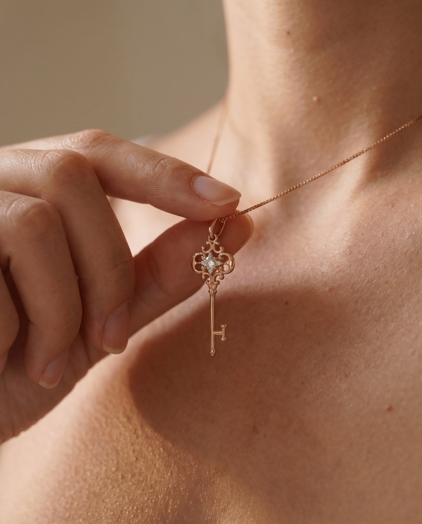 Memoir Grey Moissanite Key Necklace in rose gold, worn on a delicate chain in natural light