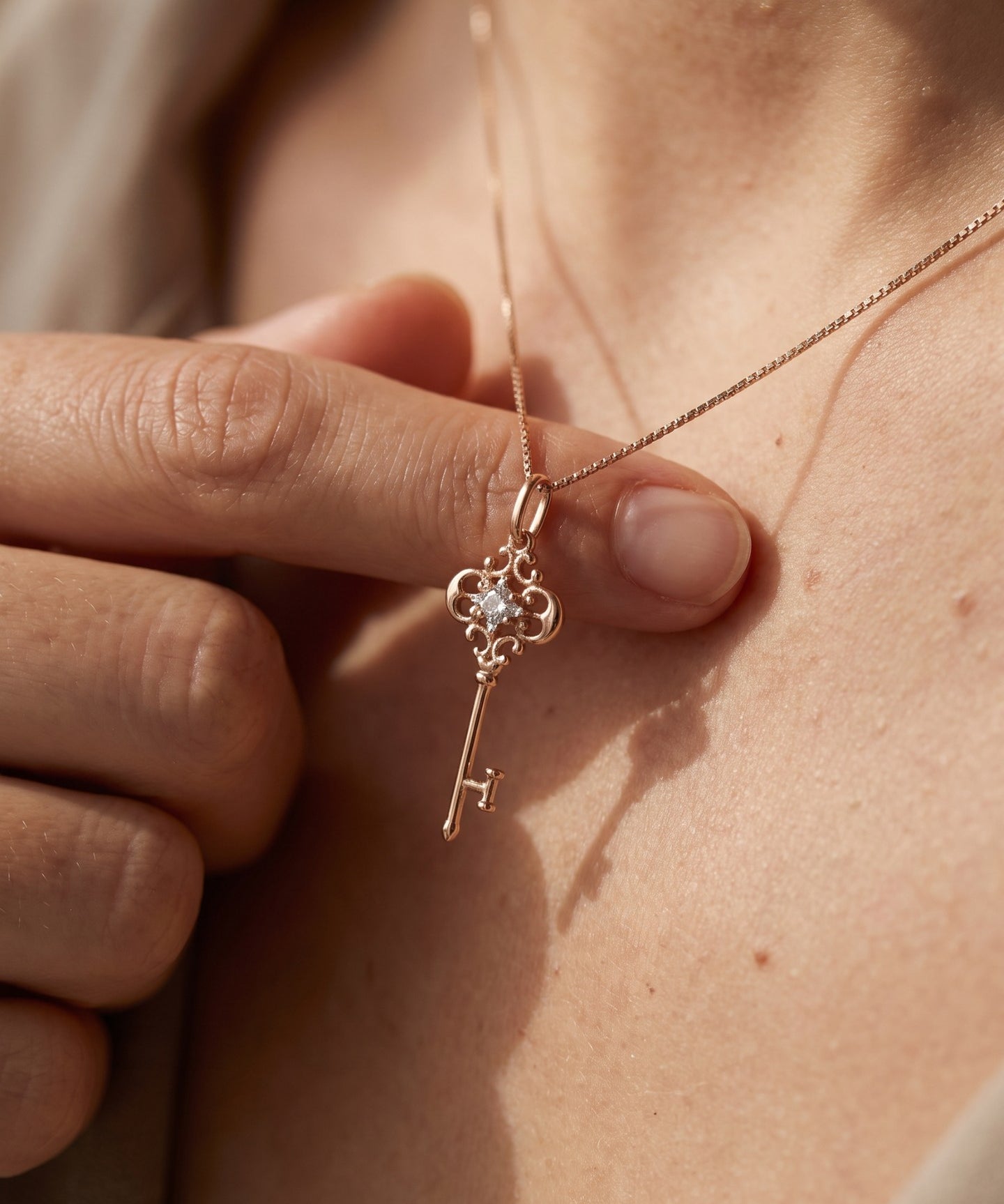 Memoir Grey Moissanite Key Necklace in rose gold, worn on a delicate chain in natural light