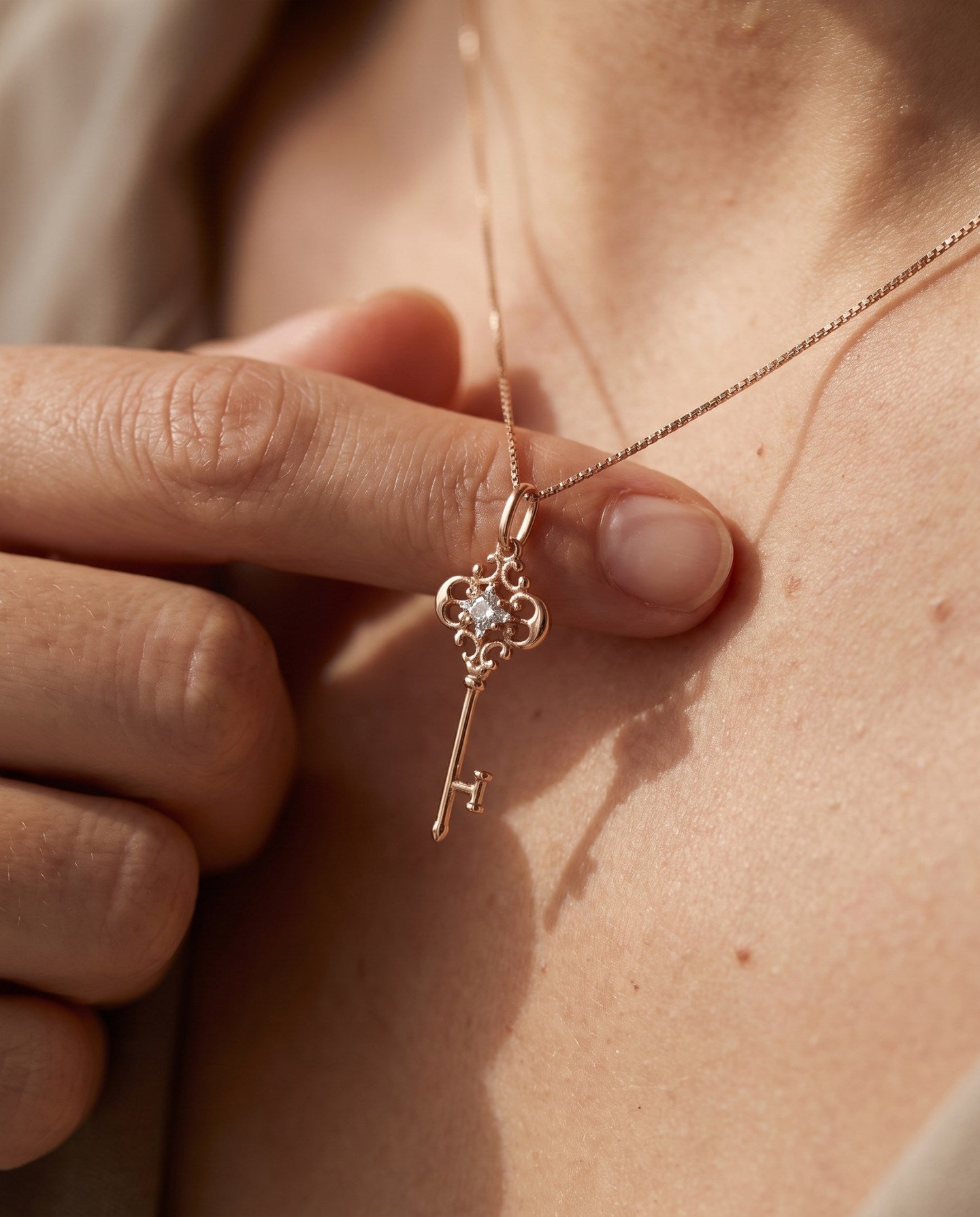 Memoir Grey Moissanite Key Necklace in rose gold, worn on a delicate chain in natural light