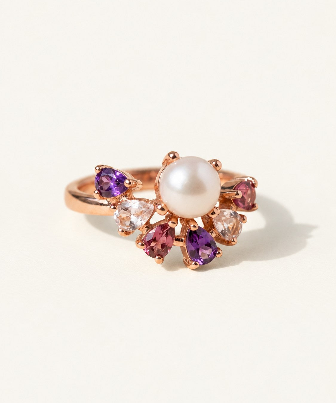 Solstice Pearl & Gemstone Ring with freshwater pearl, amethyst, rhodolite garnet and rose quartz, rose gold product