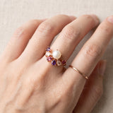 Solstice Pearl & Gemstone Ring with freshwater pearl, amethyst, rhodolite garnet and rose quartz, rose gold worn stack