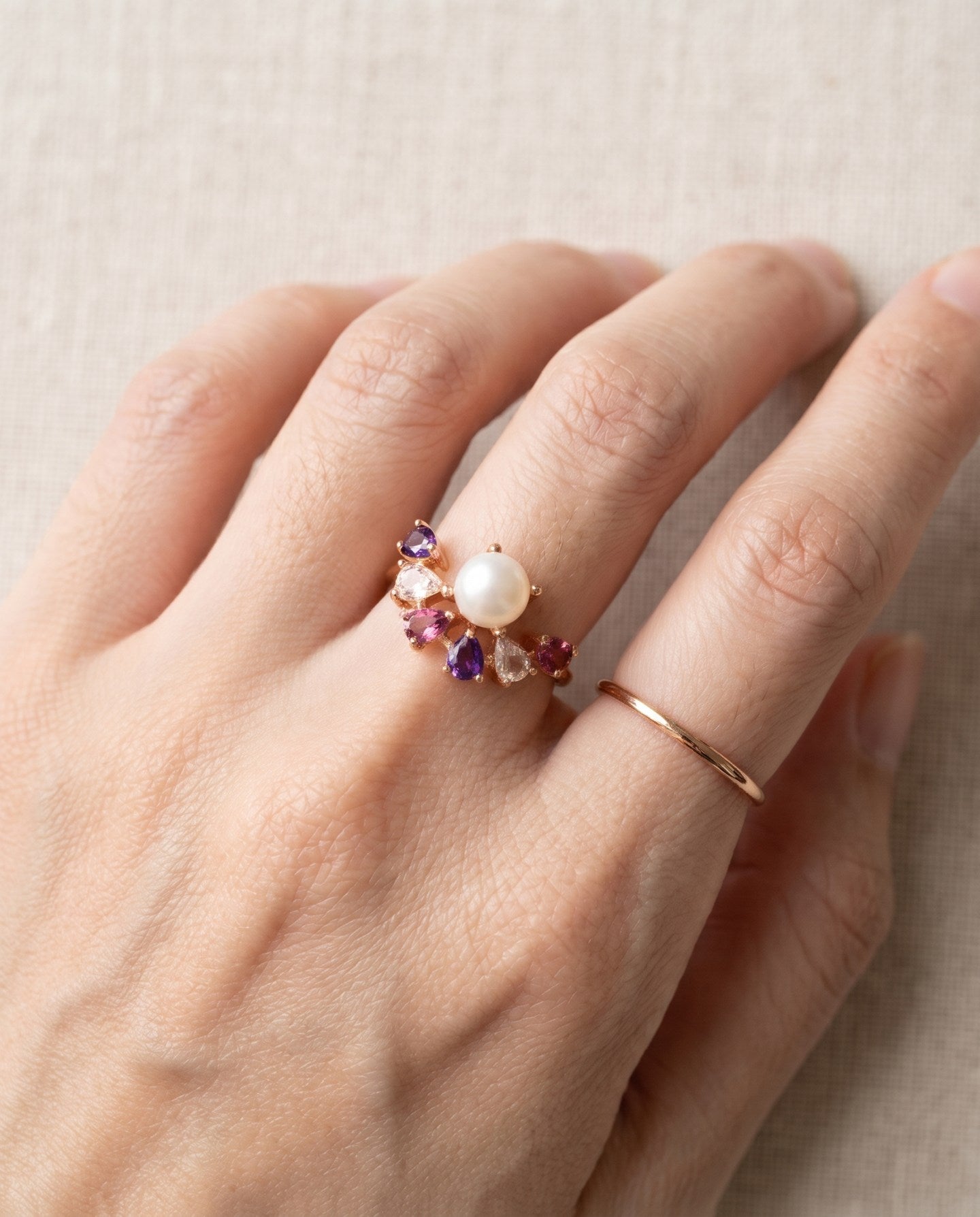 Solstice Pearl & Gemstone Ring with freshwater pearl, amethyst, rhodolite garnet and rose quartz, rose gold worn stack
