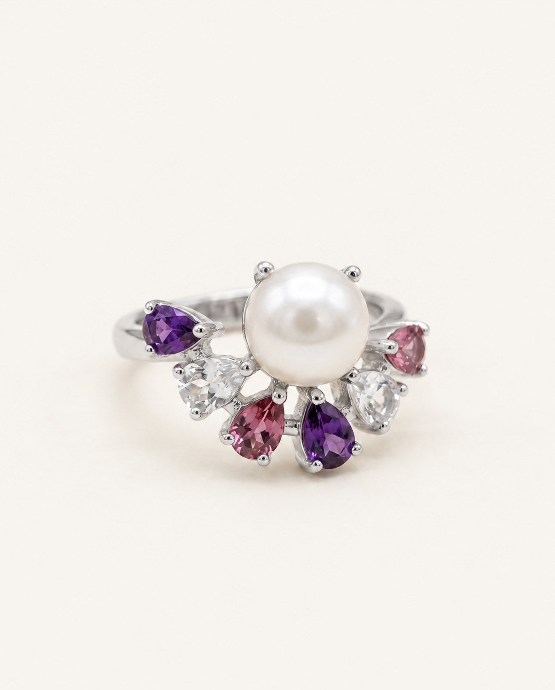 Solstice Pearl & Gemstone Ring with freshwater pearl, amethyst, rhodolite garnet and rose quartz, silver product