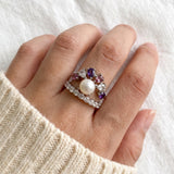 Solstice Pearl & Gemstone Ring with freshwater pearl, amethyst, rhodolite garnet and rose quartz, silver worn knit