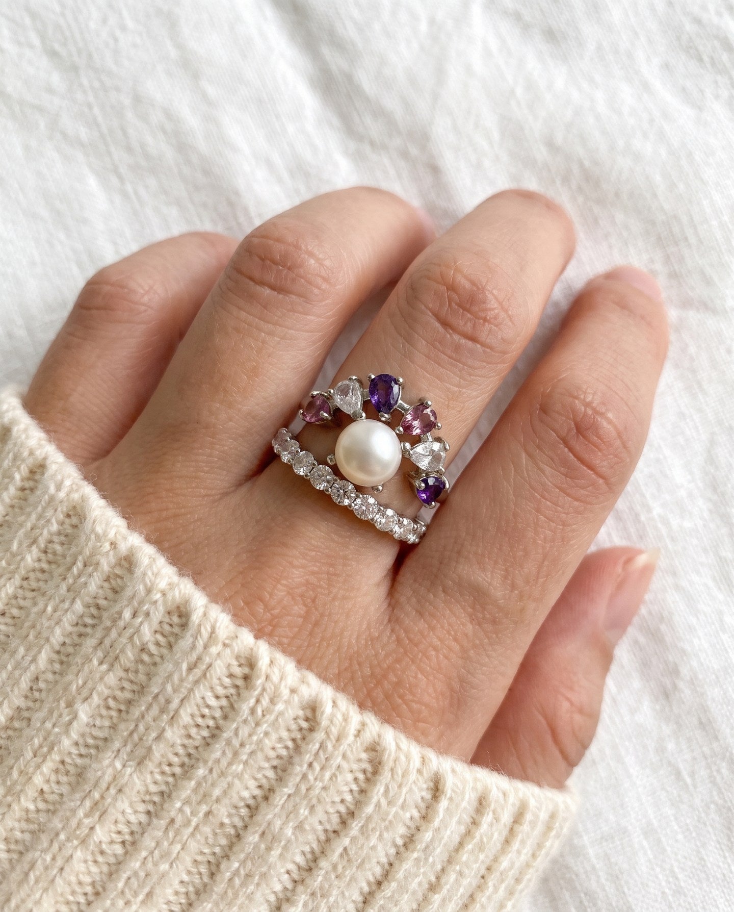 Solstice Pearl & Gemstone Ring with freshwater pearl, amethyst, rhodolite garnet and rose quartz, silver worn knit