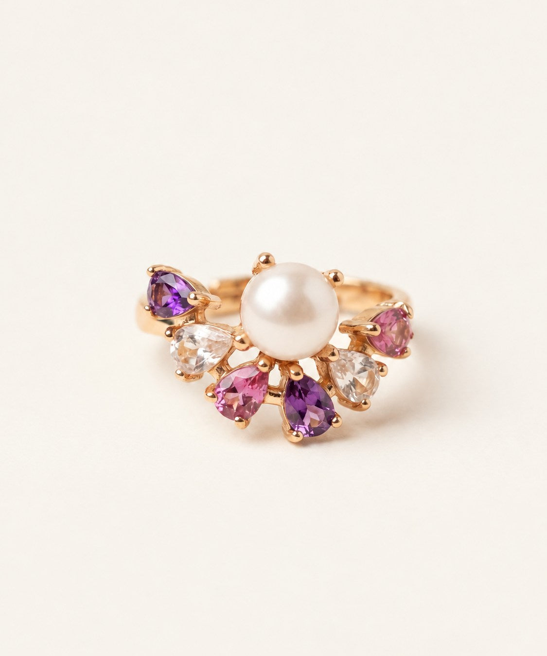 Solstice Pearl & Gemstone Ring with freshwater pearl, amethyst, rhodolite garnet and rose quartz, yellow gold product