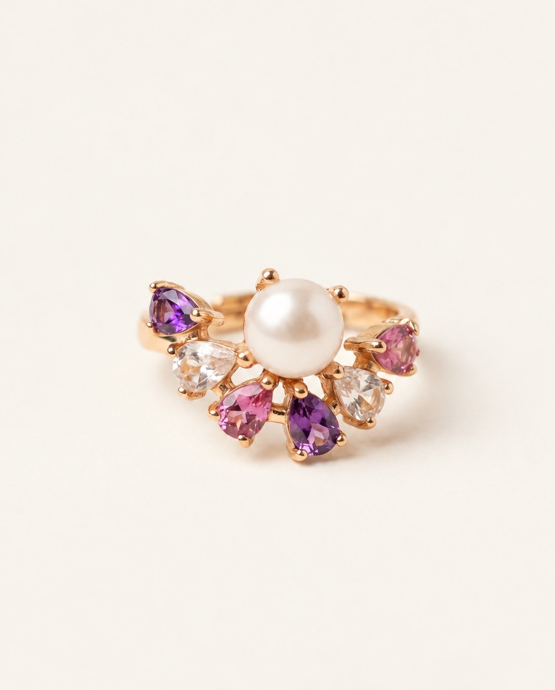 Solstice Pearl & Gemstone Ring with freshwater pearl, amethyst, rhodolite garnet and rose quartz, yellow gold product