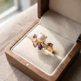 Solstice Pearl & Gemstone Ring with freshwater pearl, amethyst, rhodolite garnet and rose quartz, yellow gold ring box