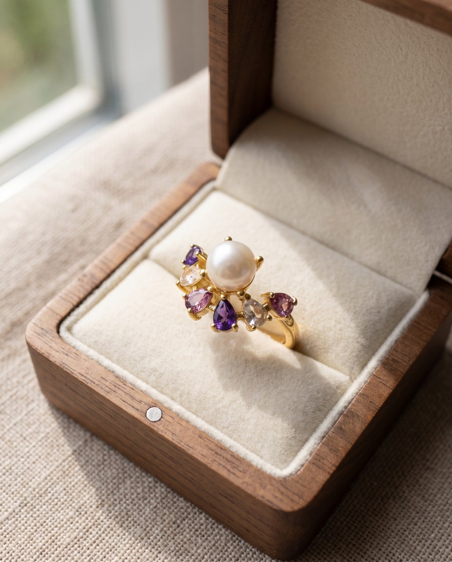 Solstice Pearl & Gemstone Ring with freshwater pearl, amethyst, rhodolite garnet and rose quartz, yellow gold ring box