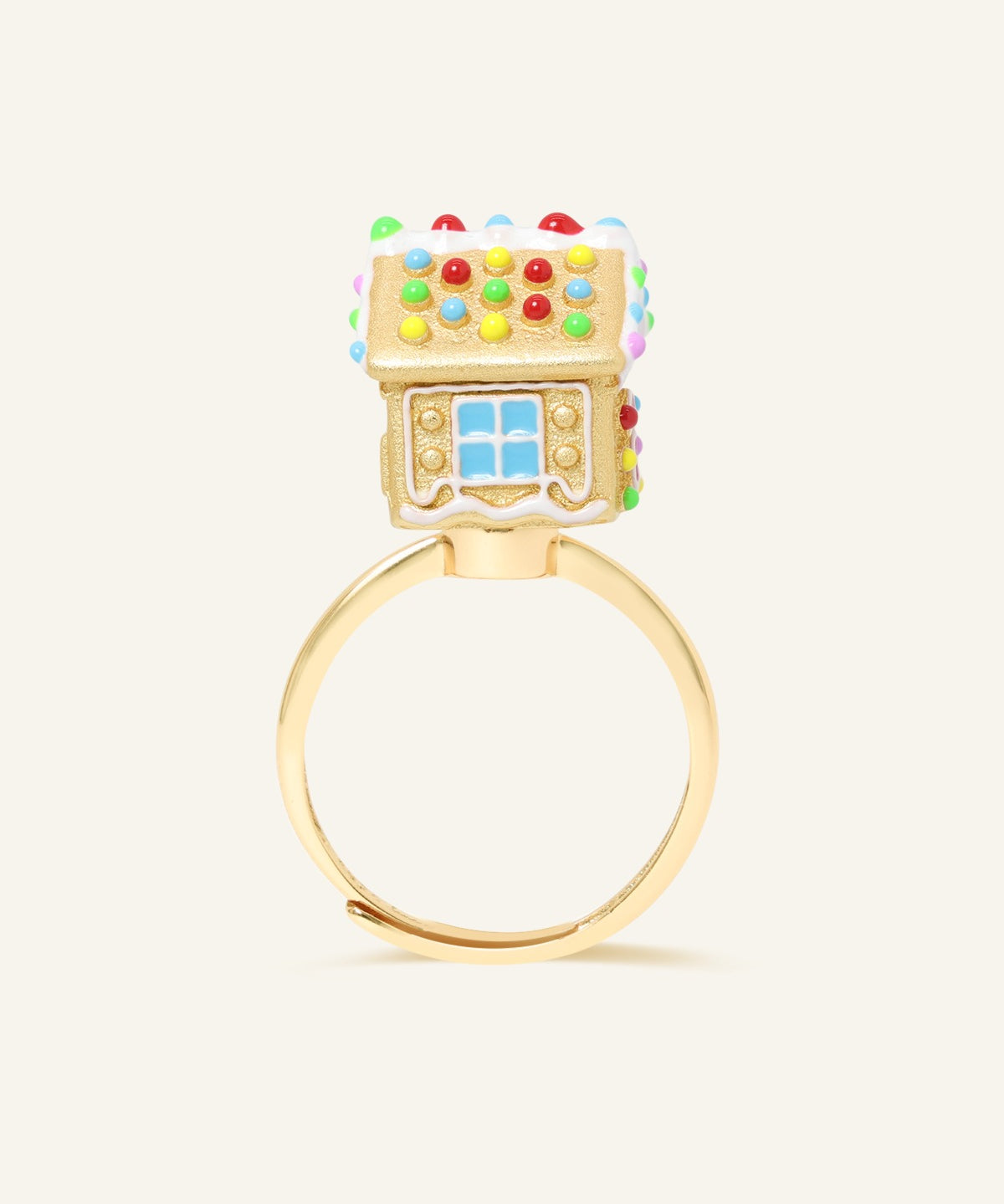 Spinning Gingerbread House Ring in yellow gold, rear view showing the colourful roof and window