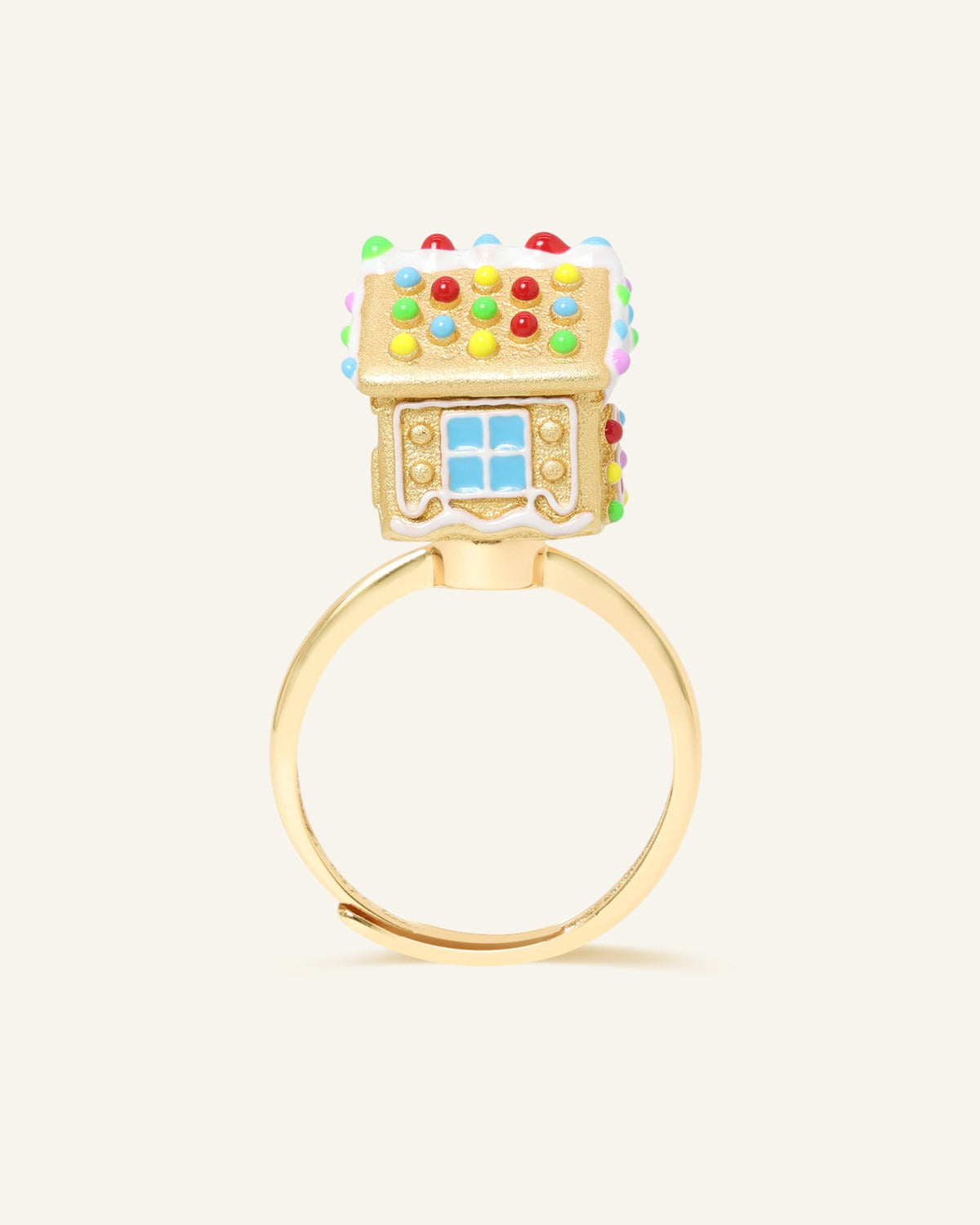 Spinning Gingerbread House Ring in yellow gold, rear view showing the colourful roof and window