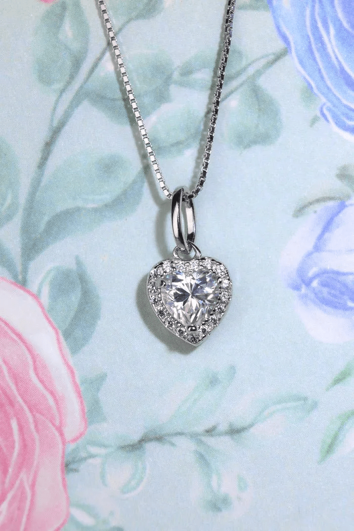 White Moissanite Heart Halo Necklace by Elate - Love Estella